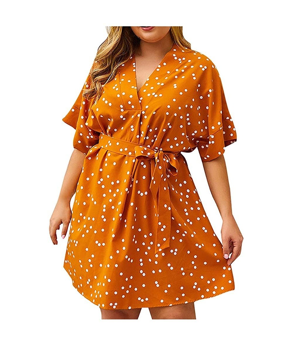 Racing Womens Plus Size Dress Dot Printing V-Neck Half Sleeve Bandage Casual Loose Ladies Midi Dress - Yellow - CH196ZC5W53 $...