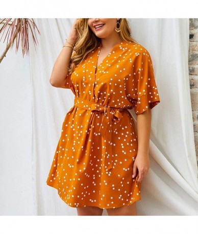 Racing Womens Plus Size Dress Dot Printing V-Neck Half Sleeve Bandage Casual Loose Ladies Midi Dress - Yellow - CH196ZC5W53 $...