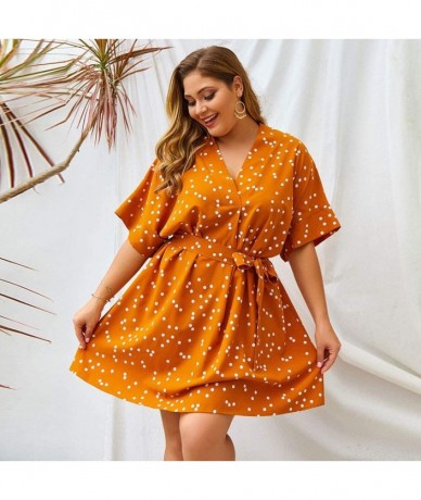 Racing Womens Plus Size Dress Dot Printing V-Neck Half Sleeve Bandage Casual Loose Ladies Midi Dress - Yellow - CH196ZC5W53 $...