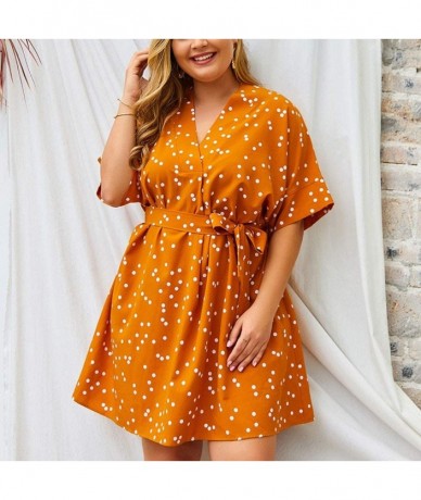 Racing Womens Plus Size Dress Dot Printing V-Neck Half Sleeve Bandage Casual Loose Ladies Midi Dress - Yellow - CH196ZC5W53 $...