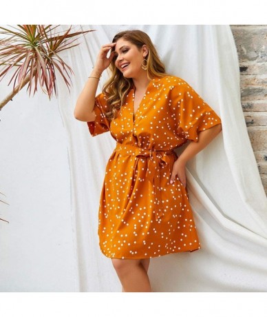 Racing Womens Plus Size Dress Dot Printing V-Neck Half Sleeve Bandage Casual Loose Ladies Midi Dress - Yellow - CH196ZC5W53 $...