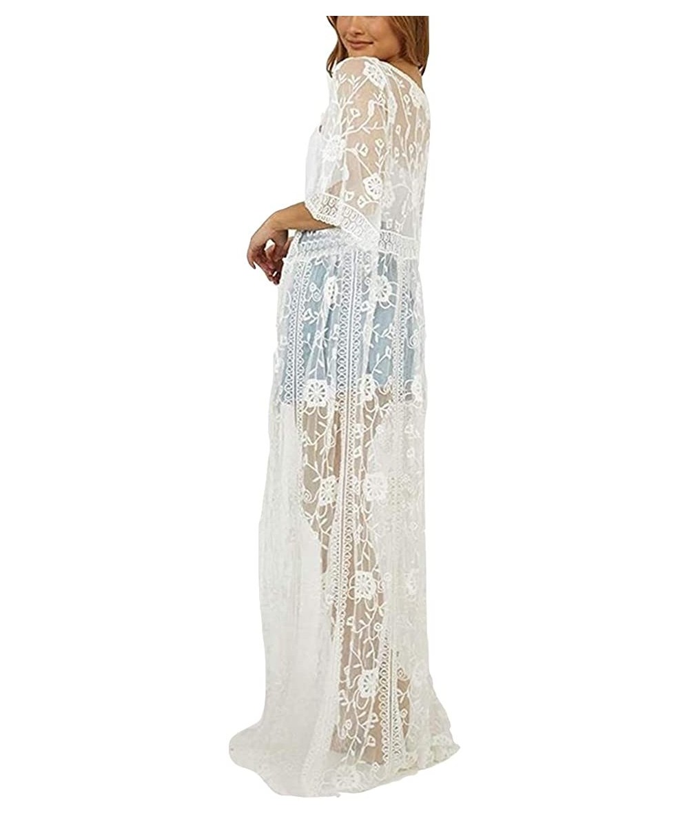 Cover-Ups Beach Cover ups lace Kimono Cardigans Women's Embroidered Short Sleeve Loose Over Sized Floor Length lace Maxi Dres...