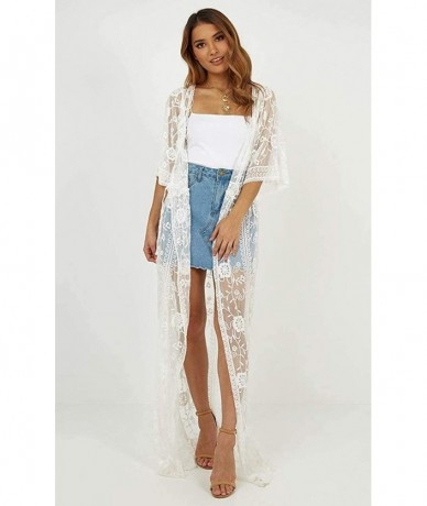 Cover-Ups Beach Cover ups lace Kimono Cardigans Women's Embroidered Short Sleeve Loose Over Sized Floor Length lace Maxi Dres...