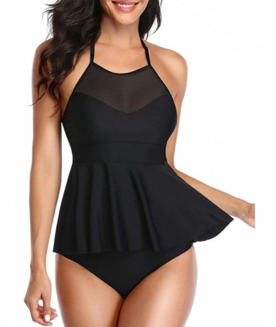 Sets Halter Ruffle Mesh Tankini Swimsuit for Women Two Piece Peplum High Waisted Bathing Suit with Bottoms - Black - CH19D8OO...