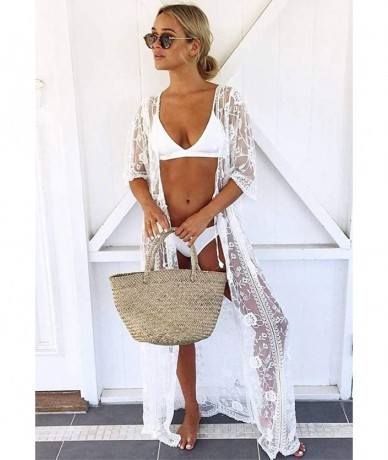 Cover-Ups Beach Cover ups lace Kimono Cardigans Women's Embroidered Short Sleeve Loose Over Sized Floor Length lace Maxi Dres...