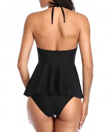 Sets Halter Ruffle Mesh Tankini Swimsuit for Women Two Piece Peplum High Waisted Bathing Suit with Bottoms - Black - CH19D8OO...