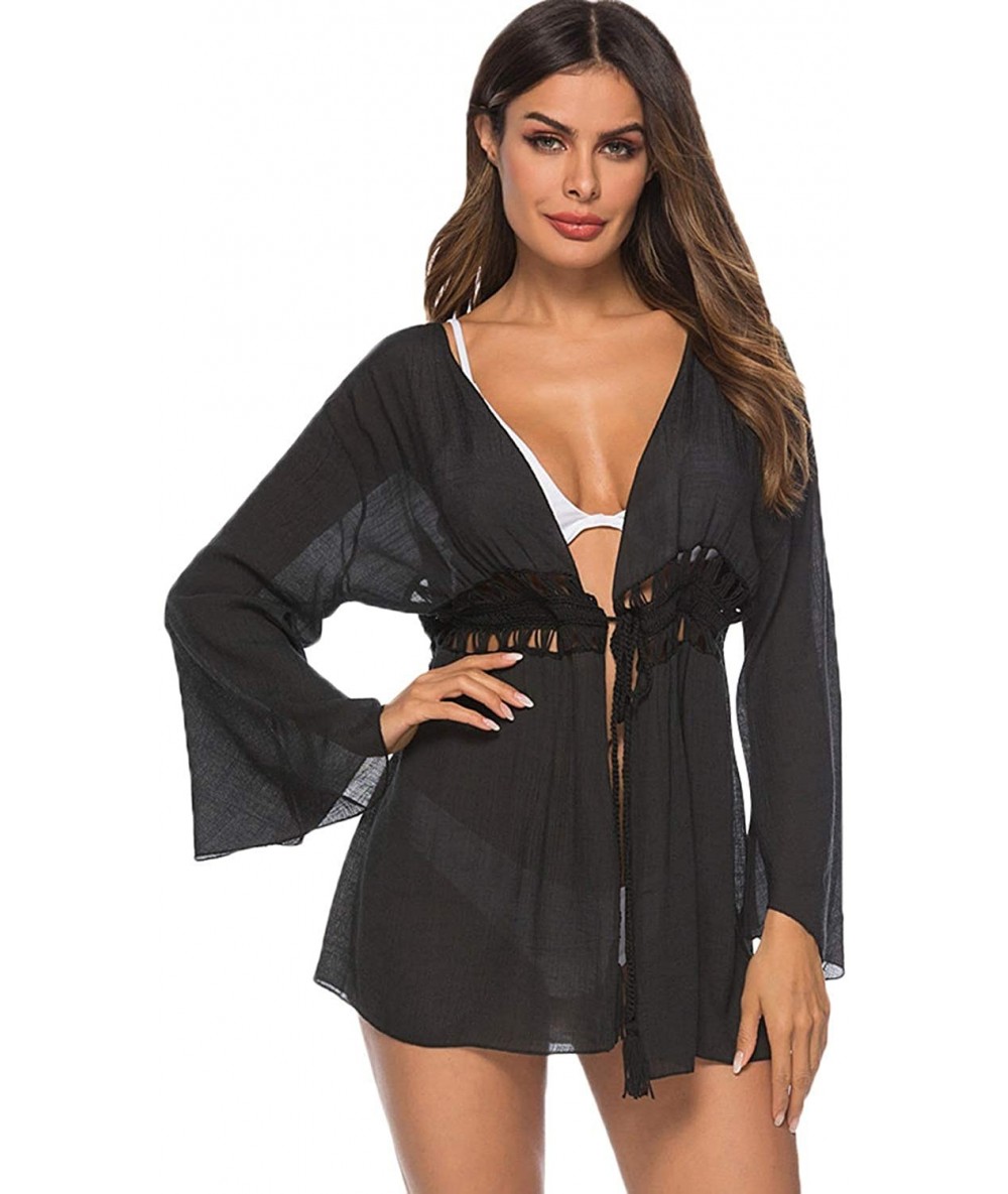 Cover-Ups Women's Swimsuit Cover Up Crochet Kimono Cardigan Beach Bikini Bathing Suit Cover up - Black - CN18S2UTGEU $25.48