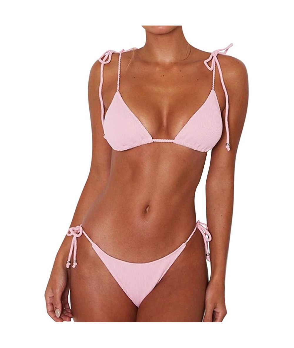 Tankinis Women's Ribbed Tie Bikini Brazilian Cheeky Bottom String Swimsuit - Pink - C018KQ9YKEY $42.47