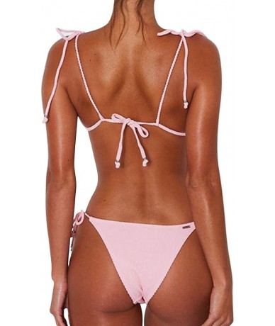 Tankinis Women's Ribbed Tie Bikini Brazilian Cheeky Bottom String Swimsuit - Pink - C018KQ9YKEY $42.47