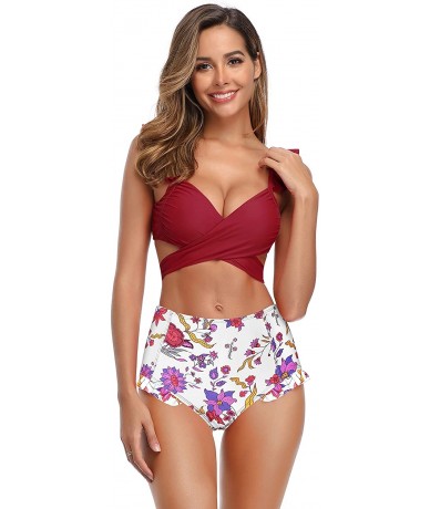 Tankinis Women's Ruffle Push Up Bikini High Waisted Bottoms Two Piece Swimsuits - Wine Red - CX18URU849H $49.26