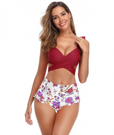 Tankinis Women's Ruffle Push Up Bikini High Waisted Bottoms Two Piece Swimsuits - Wine Red - CX18URU849H $49.26