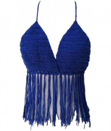 Tops Fringe Bikini Halter Crop Top Handmade Crochet Swimsuit Summer Beachwear - Blue - C7199QKC0KU $35.32