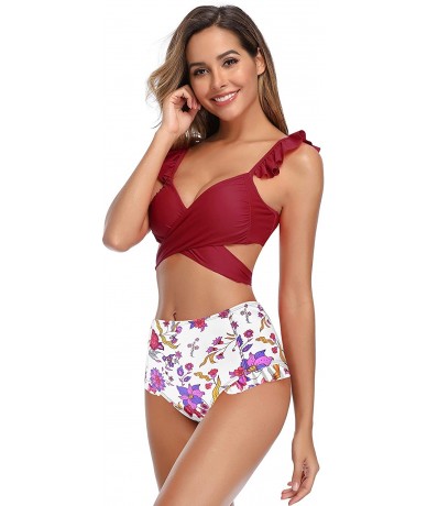 Tankinis Women's Ruffle Push Up Bikini High Waisted Bottoms Two Piece Swimsuits - Wine Red - CX18URU849H $49.26