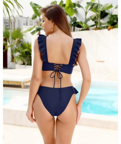 Sets Women's Ruffles Flounce Lace Up Bikini Two Piece Swimsuit Bathing - Deep Blue - C818SWH3NLL $45.00