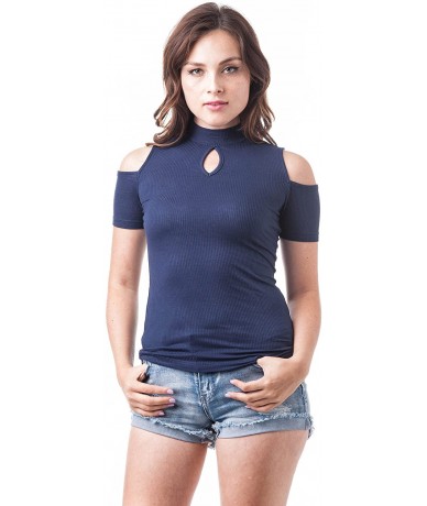 Tankinis Short Sleeve Ribbed Mock Neck Cutout Cold Shoulder Top - Navy - C91834EOUMA $27.07