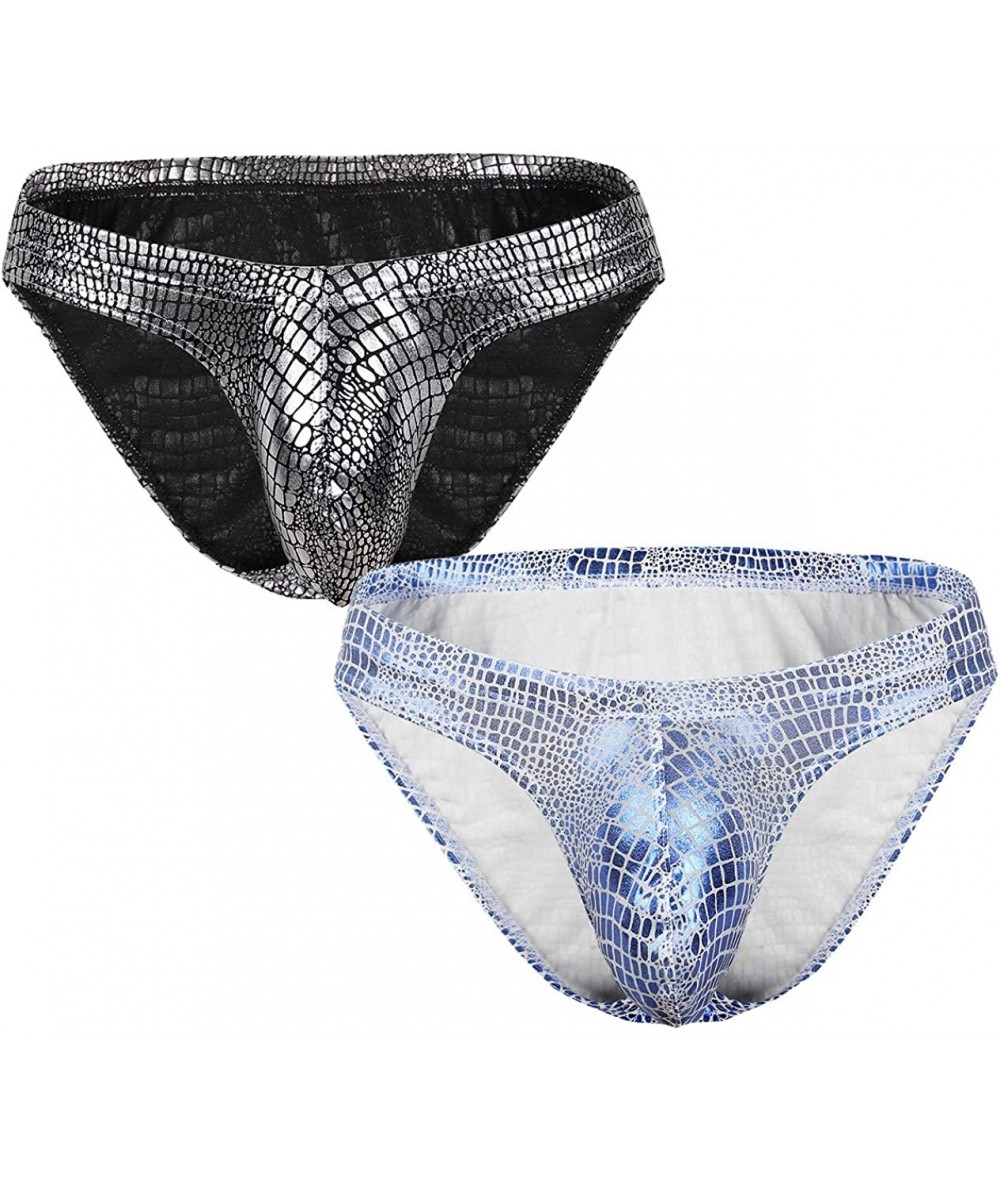 Briefs Men Shiny Snake Skin Pattern Swim Briefs Bikini Swimsuit for Men - 1silver1blue(2pack) - CN18T3INMTQ $26.59