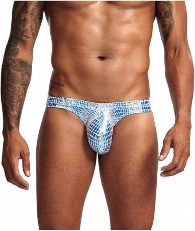 Briefs Men Shiny Snake Skin Pattern Swim Briefs Bikini Swimsuit for Men - 1silver1blue(2pack) - CN18T3INMTQ $26.59