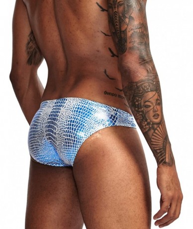 Briefs Men Shiny Snake Skin Pattern Swim Briefs Bikini Swimsuit for Men - 1silver1blue(2pack) - CN18T3INMTQ $26.59