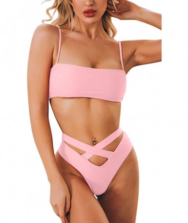 Sets Womens Sexy High Waist Bandage Bikini Beachwear Swimsuit - Pink - C318QH9SH2D $39.01