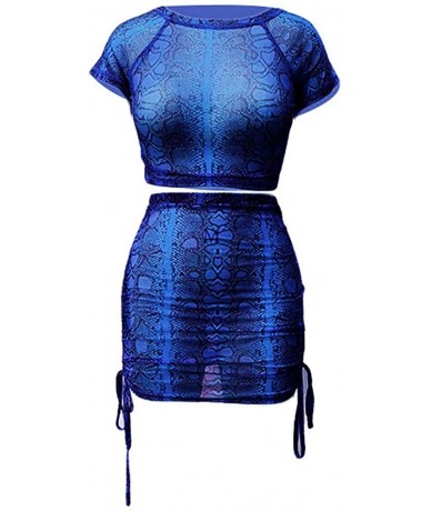 Cover-Ups Women 2 Piece Dress Snakeskin Print Mesh Crop Top Lace Up Mini Skirt - Blue - CF18SZMTTZW $35.68