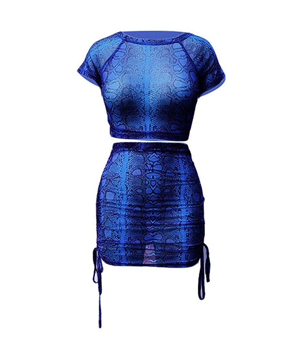 Cover-Ups Women 2 Piece Dress Snakeskin Print Mesh Crop Top Lace Up Mini Skirt - Blue - CF18SZMTTZW $35.68