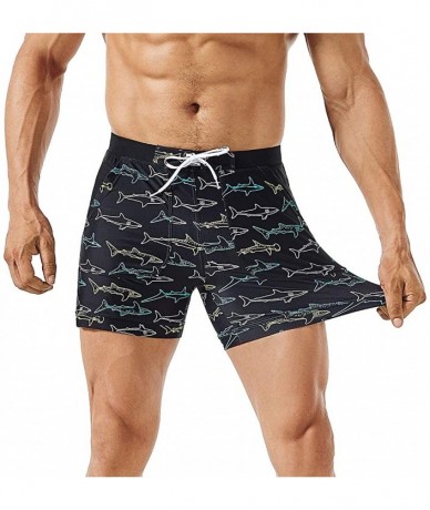 Board Shorts Men's Swimwear Stretch Swimsuits- Solid Mens Swim Boxer Trunks Men Surf Shorts with Pockets - Black Shark - CG18...