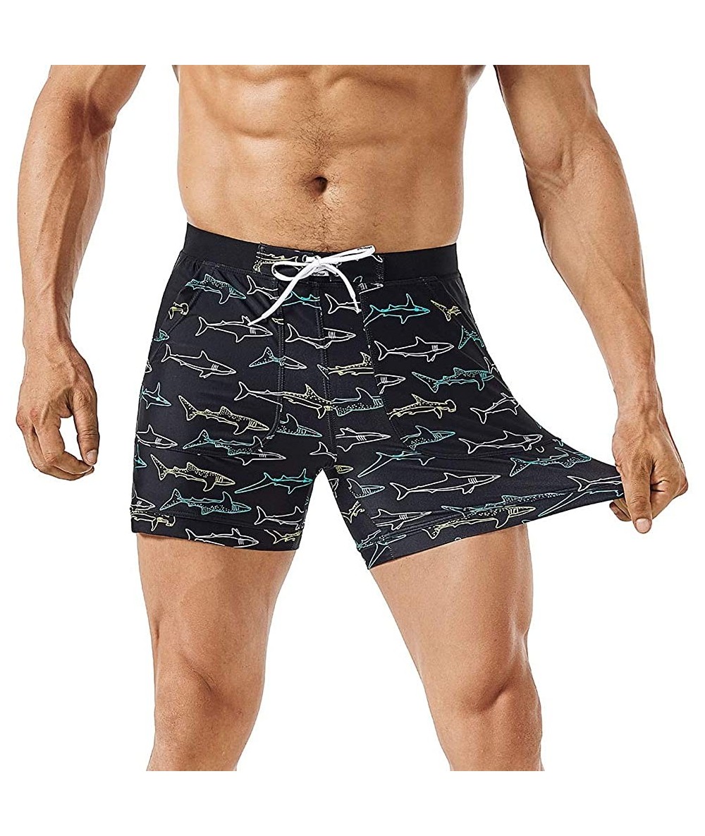 Board Shorts Men's Swimwear Stretch Swimsuits- Solid Mens Swim Boxer Trunks Men Surf Shorts with Pockets - Black Shark - CG18...