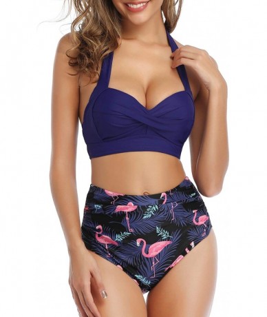 Sets Women Vintage Swimsuit Two Piece Retro Halter Ruched High Waist Bikini - Blue - CE18AZT2MDE $56.81