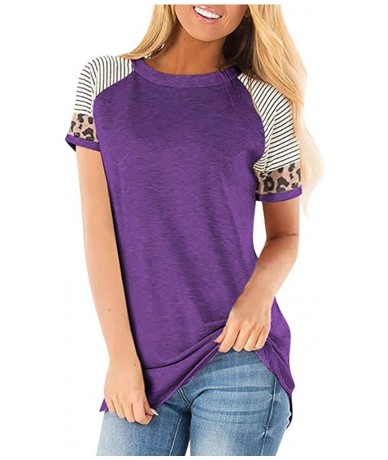 Tankinis Women Short Sleeve Casual Comfy Leopard Stripe Sequin Tunics Loose Tops Blouse T Shirt - L-purple - CU196EG62L6 $25.66