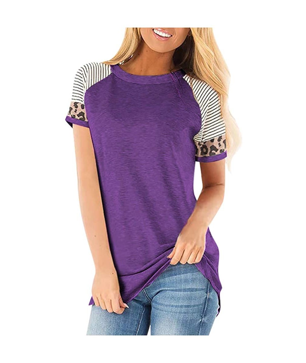 Tankinis Women Short Sleeve Casual Comfy Leopard Stripe Sequin Tunics Loose Tops Blouse T Shirt - L-purple - CU196EG62L6 $25.66