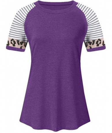 Tankinis Women Short Sleeve Casual Comfy Leopard Stripe Sequin Tunics Loose Tops Blouse T Shirt - L-purple - CU196EG62L6 $25.66