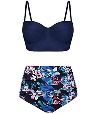 Tankinis Swimsuits for Women- Women Vintage Swimsuit Two Piece Retro Halter Ruched High Waist Bikini Set - Blue - CT193XHXZ9M...