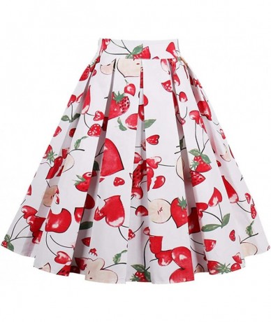 Racing Women's Vintage Knee Length Flare Floral A Line Pleated Skirt - Pleated-strawberry-white - C1188NYEXHA $49.34