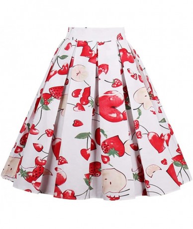 Racing Women's Vintage Knee Length Flare Floral A Line Pleated Skirt - Pleated-strawberry-white - C1188NYEXHA $49.34