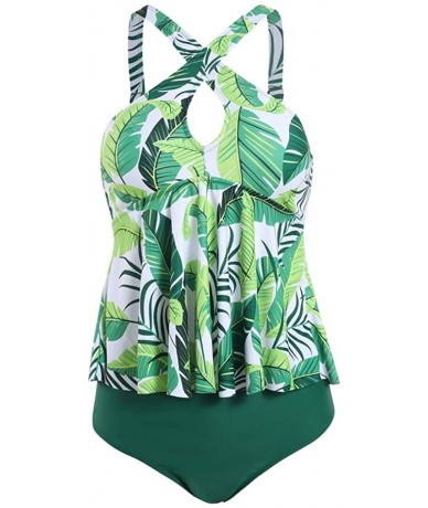 Racing Women's Two Pieces Front Cross Tankini Plus Size Floral Printed Swimsuit - Greenleaf - CH194HR7K96 $24.10