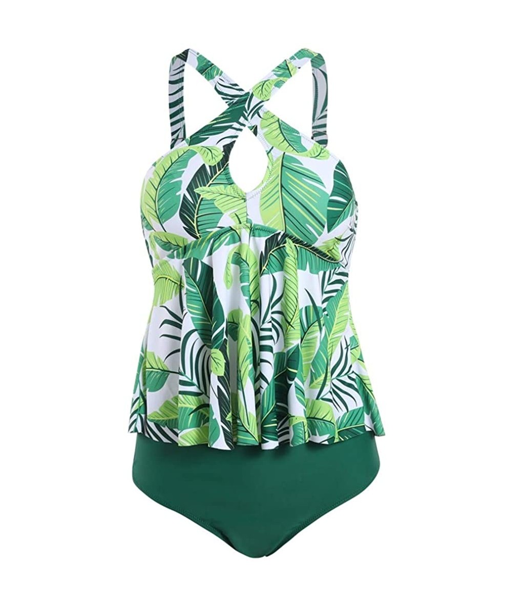 Racing Women's Two Pieces Front Cross Tankini Plus Size Floral Printed Swimsuit - Greenleaf - CH194HR7K96 $24.10