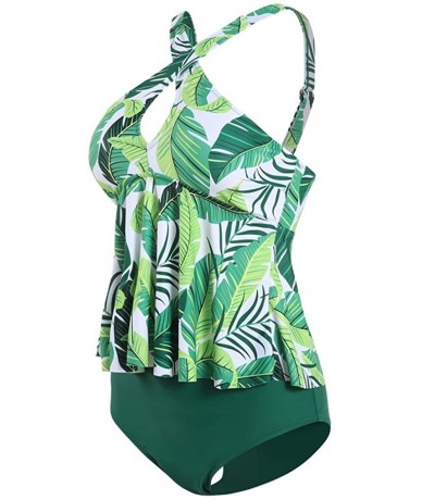 Racing Women's Two Pieces Front Cross Tankini Plus Size Floral Printed Swimsuit - Greenleaf - CH194HR7K96 $24.10