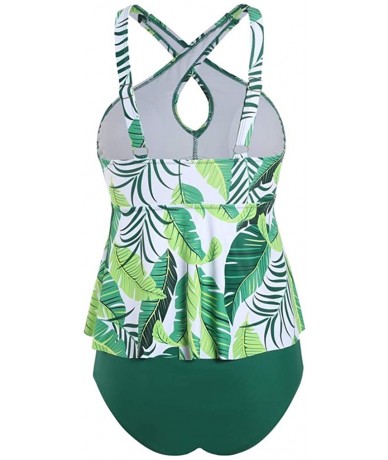 Racing Women's Two Pieces Front Cross Tankini Plus Size Floral Printed Swimsuit - Greenleaf - CH194HR7K96 $24.10