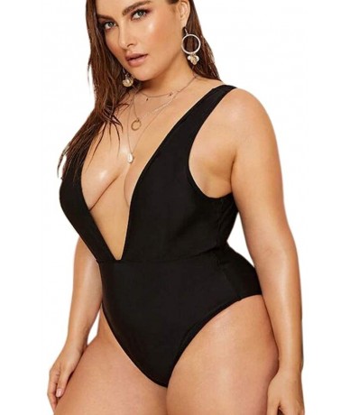 One-Pieces Women's One Piece Plus Size V-Neckline Bathing Suit Mesh Backless Solid Color Monokini Swimsuit - Black - CP18UX32...