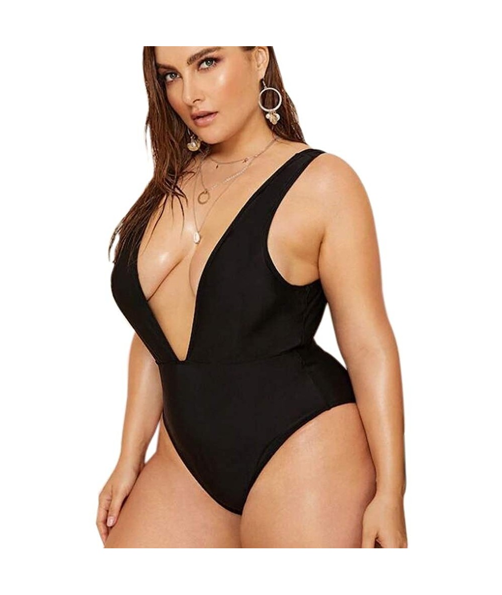 One-Pieces Women's One Piece Plus Size V-Neckline Bathing Suit Mesh Backless Solid Color Monokini Swimsuit - Black - CP18UX32...