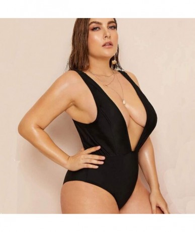 One-Pieces Women's One Piece Plus Size V-Neckline Bathing Suit Mesh Backless Solid Color Monokini Swimsuit - Black - CP18UX32...