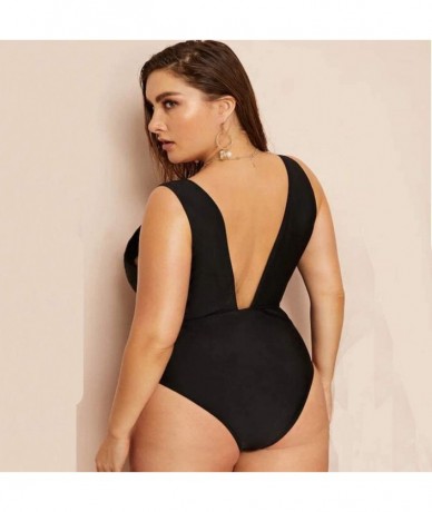 One-Pieces Women's One Piece Plus Size V-Neckline Bathing Suit Mesh Backless Solid Color Monokini Swimsuit - Black - CP18UX32...