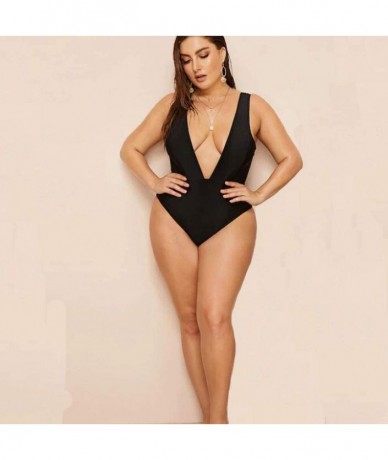 One-Pieces Women's One Piece Plus Size V-Neckline Bathing Suit Mesh Backless Solid Color Monokini Swimsuit - Black - CP18UX32...