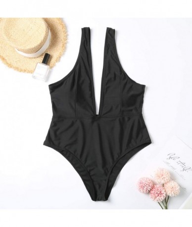 One-Pieces Women's One Piece Plus Size V-Neckline Bathing Suit Mesh Backless Solid Color Monokini Swimsuit - Black - CP18UX32...