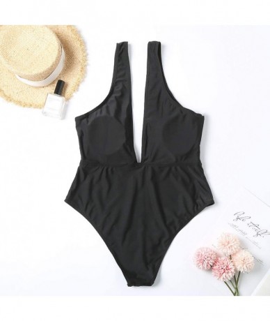 One-Pieces Women's One Piece Plus Size V-Neckline Bathing Suit Mesh Backless Solid Color Monokini Swimsuit - Black - CP18UX32...