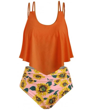 Racing Swimsuit for Women Two Pieces Bathing Suits Ruffled Racerback Top with High Waisted Bottom Bikini Set - Orange - C9196...