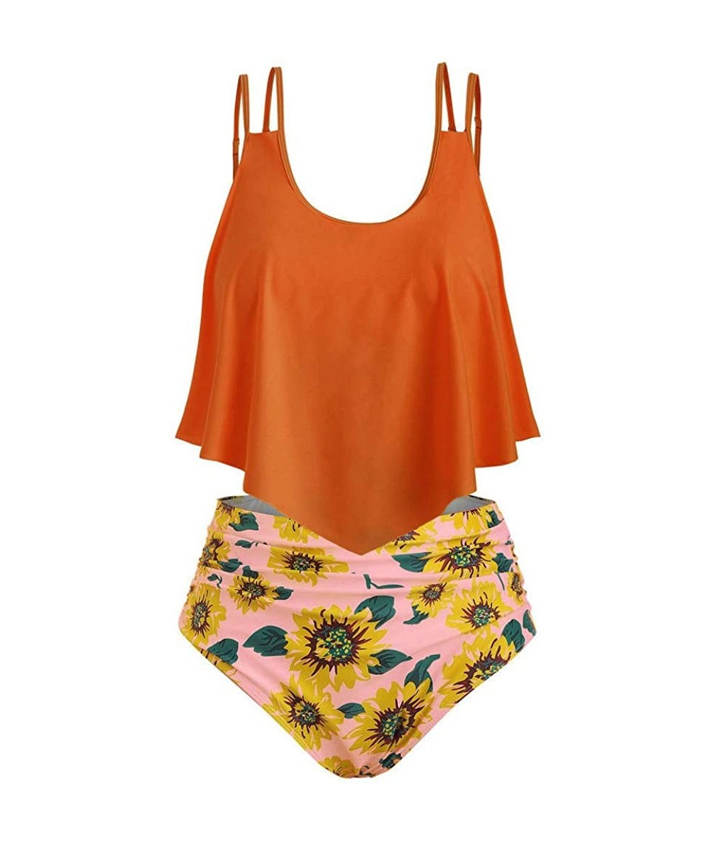 Racing Swimsuit for Women Two Pieces Bathing Suits Ruffled Racerback Top with High Waisted Bottom Bikini Set - Orange - C9196...