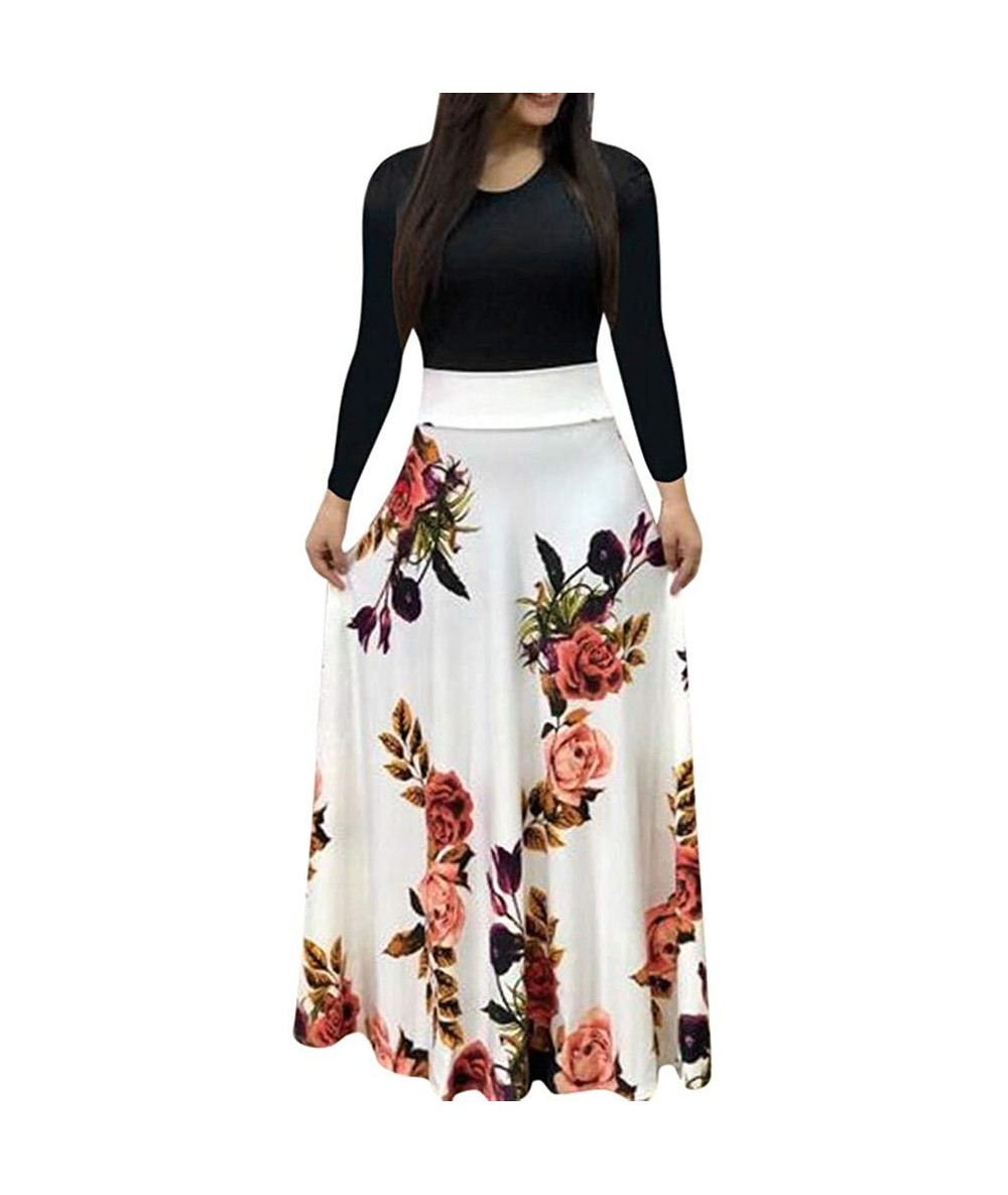 Cover-Ups Women's Maxi Dresses Floral Printed Autumn Casual Long Sleeve Loose Dress with Pockets - White_3 - CG194OTWKLW $31.33