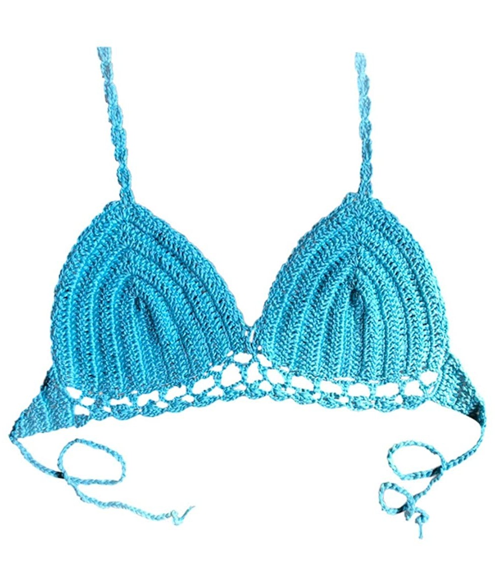 Tops Lace Bralette Women's V Neck Halter Strappy Bandeau Bra Sexy Bikini Top Knitting Beachwear Swimsuit A2 sky Blue - C7196M...