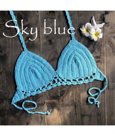 Tops Lace Bralette Women's V Neck Halter Strappy Bandeau Bra Sexy Bikini Top Knitting Beachwear Swimsuit A2 sky Blue - C7196M...